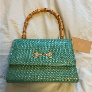 Dimarino Teal Woven Satchel with Bamboo Handle